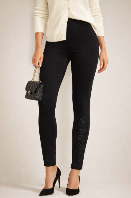 Black Pull-On Pants with Sequin Floral Detail β Stretch Waist, Elegant & Comfortable